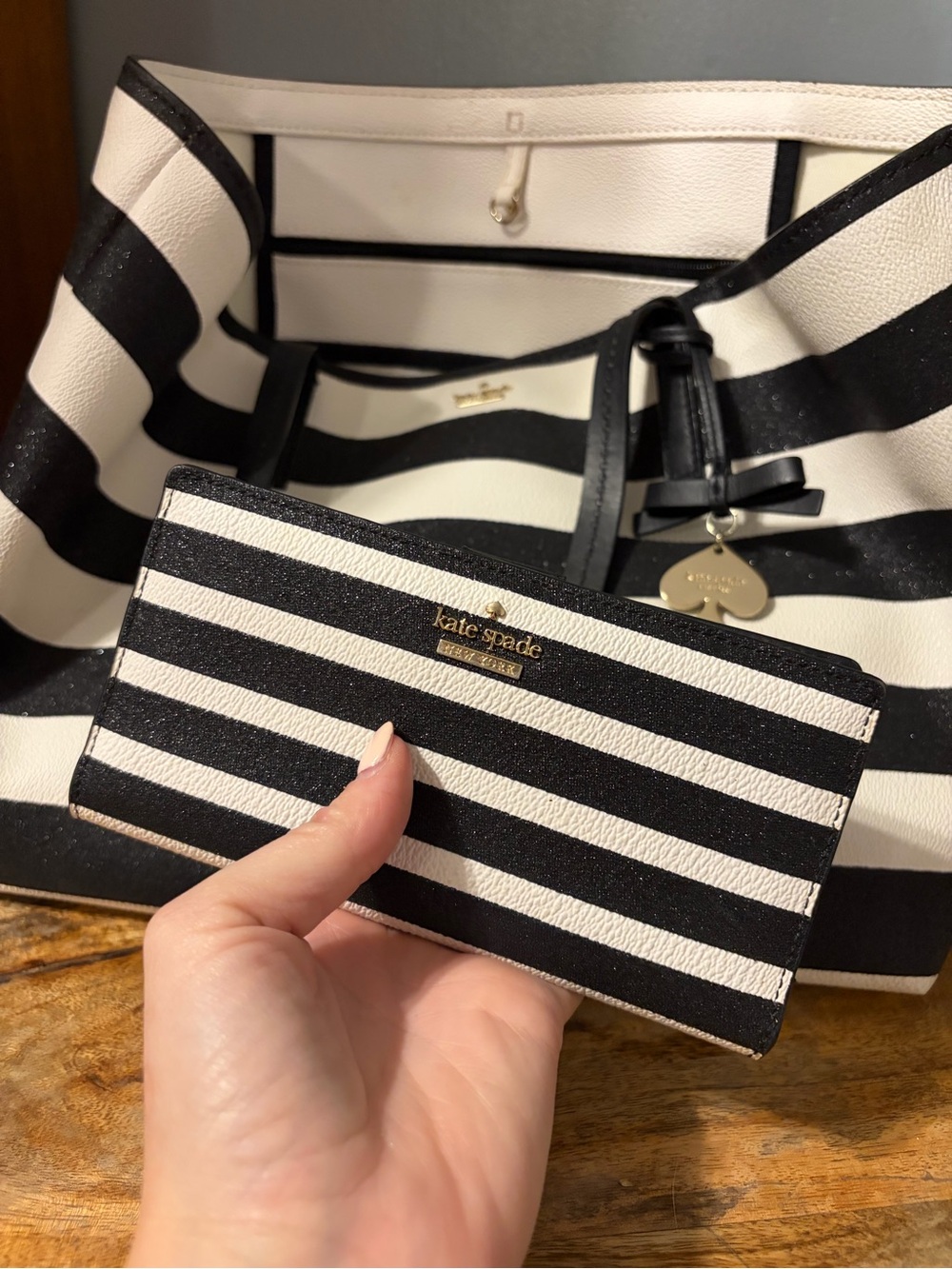 Kate Spade Black & White Sparkly Striped Tote Bag & Matching Wallet + Dust Bag